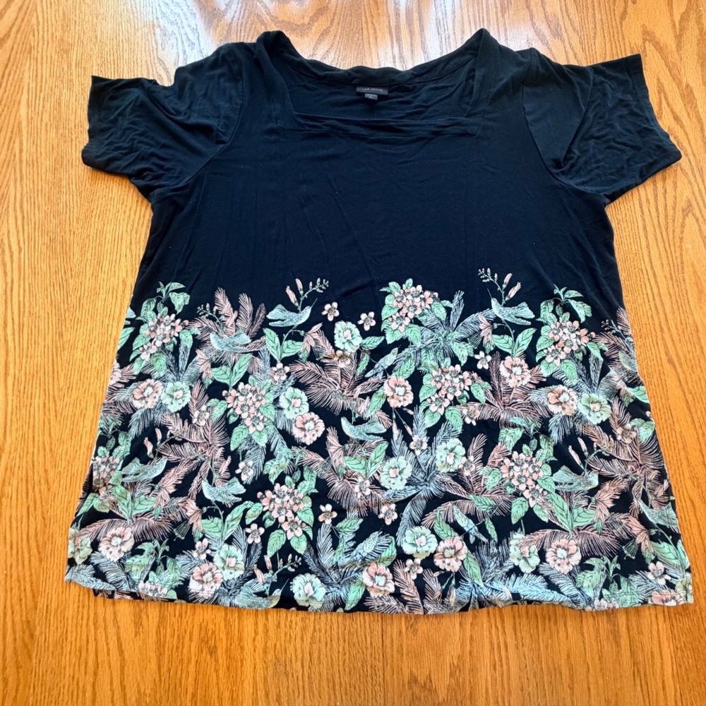 J Jill Wearever Floral Short Sleeve Top Women XL Petite Stretch Square Neck